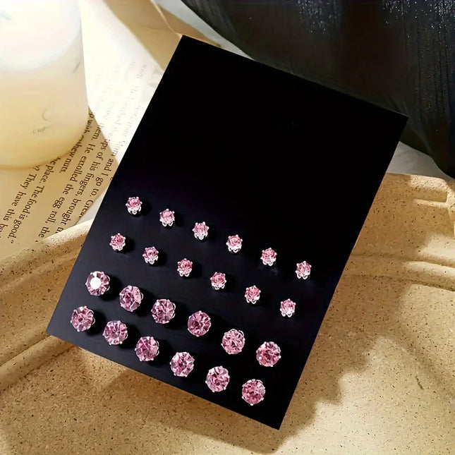 12 Pairs Classic Pink Rhinestone Stud Earrings Exquisite 4/6MM Crystal Stone Earrings Women's Elegant - product image 2