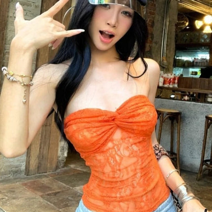 Streetwear Lace Flower Sexy Strapless Vest Women Y2k Aesthetic Bodycon Top Harajuku Grunge Vintage Pleated Camisole
