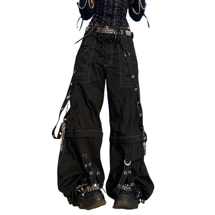 Women Fall Winter Cargo Jeans Striped Zipper Button Closure Loose Casual Trousers Streetwear with Pockets