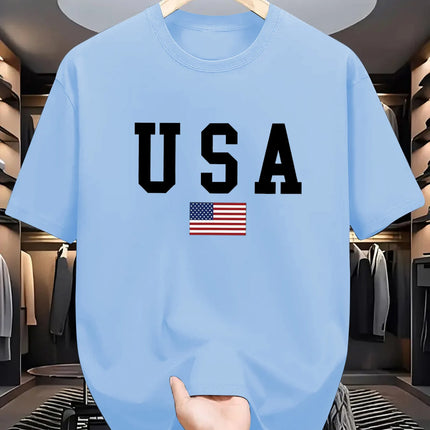 Men's summer 100% cotton fashionable casual loose fit USA American National Flag Graphic round neck short sleeved T-shirt top