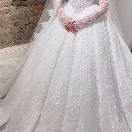 Luxury Off Shoulder  Princess Ball Gown Wedding Dress Long Sleeve Sparkly Pearl Lace Bridal Gown Wedding vestido de noiva