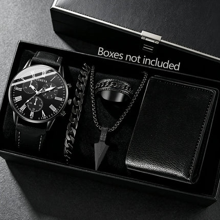 Kids Black PU Leather Quartz Watch Set with Accessories Wallet Holiday Gift Daily Versatile Children's Fashion Jewelry