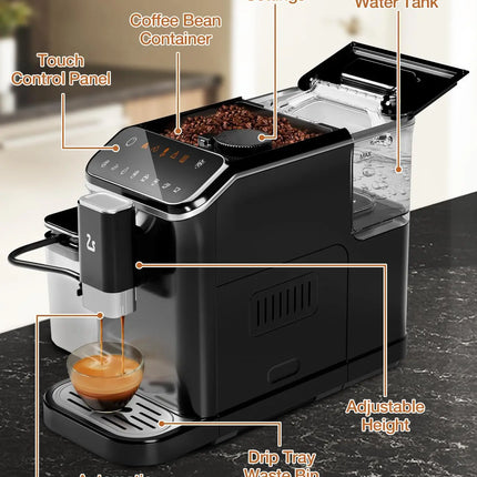 20 Bar Fully Automatic Espresso Machine With Grinder Milk Frother One-Touch 6 Recipes 1.5L Tank Self-Cleaning For Home Office
