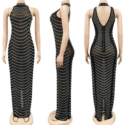 Sparkly Crystal Rhinestone Bodycon Maxi Dress Women Wedding Evening Backless Mesh See Through Night Party Club Birthday Dress