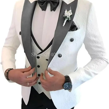 Floral Jacquard 3 Piece Suits for Wedding Slim Fit One Button Tuxedos Blazer Double Breasted Vest Pants
