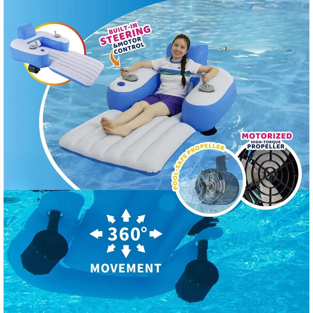 Tumbona hinchable motorizada para piscina, doble hélice, giratoria 360°, 1 persona, PVC, silla flotante, flotador de entretenimiento acuático de verano