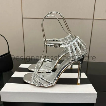 Round Toe Rhinestone High Heel Sandals 10.5CM Luxury Crystal Women Party Dress Sandals Sheepskin Lining Italian Genuine Leather