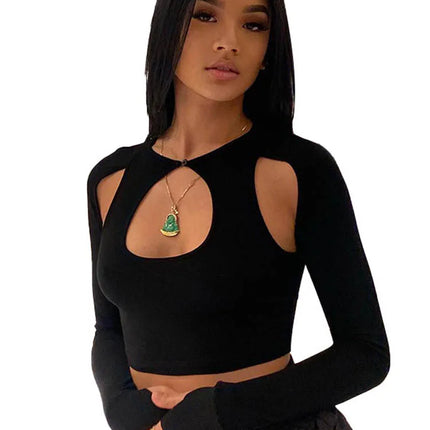 Side with Me Summer Long Sleeve Cropped Corset Top Sexy Aesthetic Club O Neck Fairy Grunge Black T-Shirt