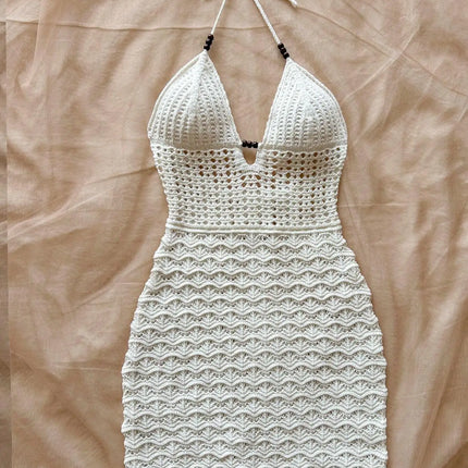 White Crochet Halter Neck Sleeveless Dress