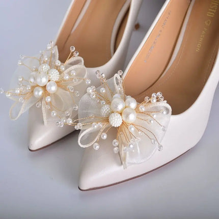 2PC Double Layered Bow Pearl Shoe Clip French style Removable Shoe Charms Buckle Elegant Bride Shoes Decoration High Heel
