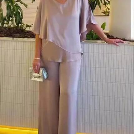 Summer New Solid Color Round Neck Short Sleeve Women Suit Casual Loose Irregular  Top Elegant Female Jumpsuits Office 2piece Set