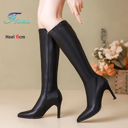 Spring Autumn Elastic Leather Boots For Women 6CM 8CM High Heels Side Zipper Knee-high Boors Fashion Pointed Winter Woman Shoes