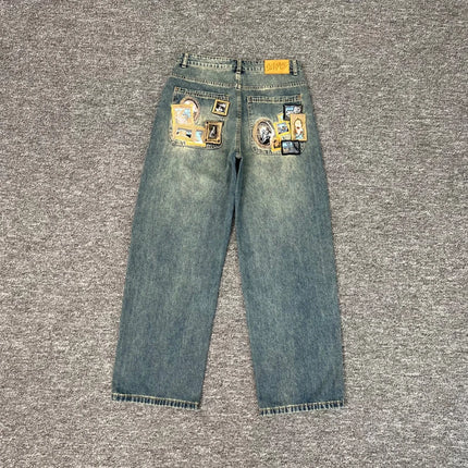 Real Photos Derschutze Jeans High Quality Pattern Embroidery Denim Trousers Retro Grey Street Men Women Pants