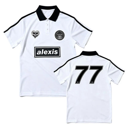 ALEXISONFIRE Letter 77 Number Print Polo Soccer Jersey Men Women Short Sleeve Streetwear Couple Football Sports Uniform Shirts