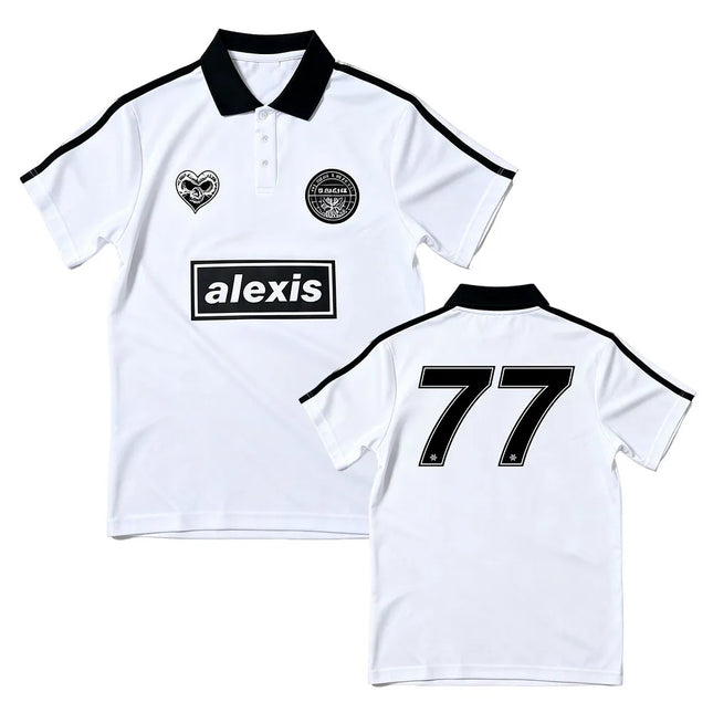 ALEXISONFIRE Letter 77 Number Print Polo Soccer Jersey Men Women Short Sleeve Streetwear Couple Football Sports Uniform Shirts
