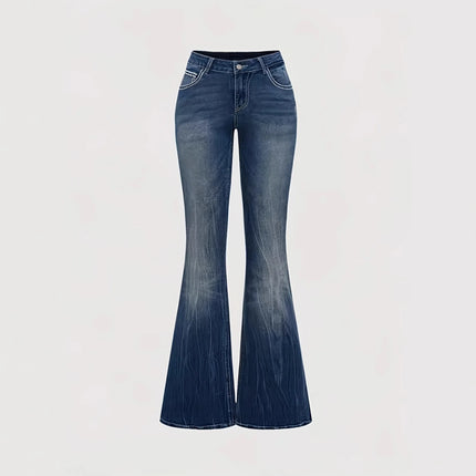Slimming Micro Flare Pants Polyester Elastic Printed And Embroidered Denim Look Bottoms for Women Elegant Fashionable