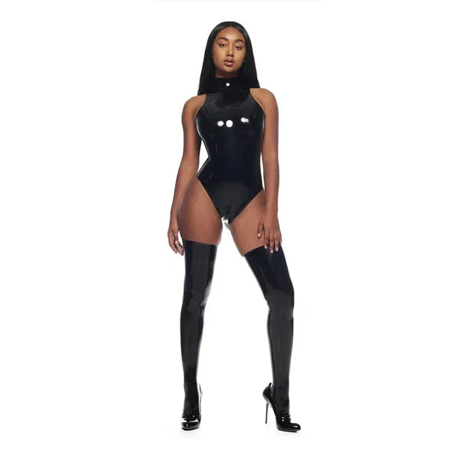 Sexy Sleevess Faux Latex Bodysuits Women Wet Look Patent Leather Bodysuits High Neck Stretch PU Bodycon - product image 2