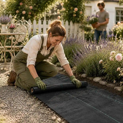 Woman unrolling black geotextile weed barrier fabric along a garden path
