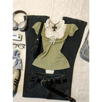 2000s Lace Trim Harajuku T Shirts Aesthetic Sweet Girl Summer Women Clothes Femme Trendy Green Kawaii Top Gentle Ruffle Y2k Tees