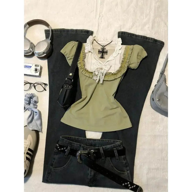 2000er Jahre Spitze Besatz Harajuku T-Shirts Ästhetisch Süßes Mädchen Sommer Frauen Kleidung Femme Trendiges Grünes Kawaii Top Sanfte Rüschen Y2k T-Shirts