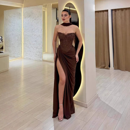Serene Hill 2026 Brown Lace Beaded Mermaid Evening Dress High Split with Scarf Cape for Women Party Gown LA73672 Customized