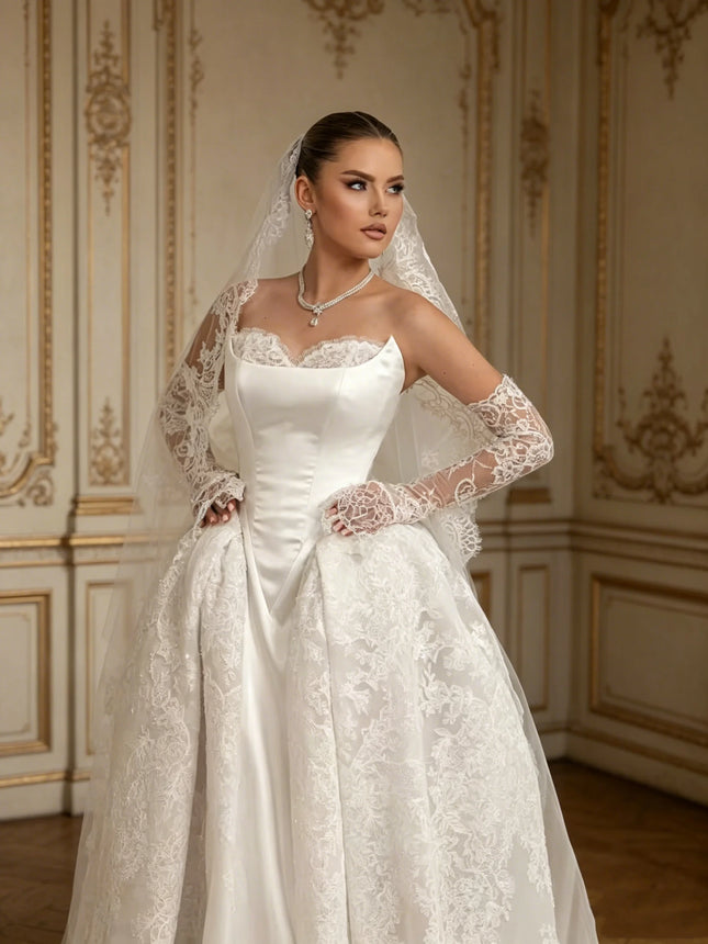 Exquisite neue A-Linien-Brautkleider Falten Perlen Fleck Brautkleider Maßgeschneiderte Schleppe Schnürung Vestidos De Novia