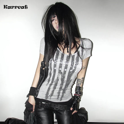 Karrcat Trashy Y2k Striped Letter Print T-shirt Grunge Aesthetics Short Sleeve Tee Shirt Vintage Punk Streetwear American Retro