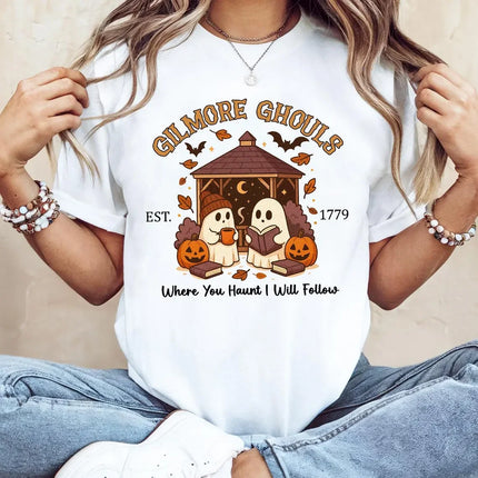 Spooky Ghost Reading Shirt, Halloween Black Cat Tee, Cozy Library Pumpkin Shirt, Fall Aesthetic T-Shirt, Witchy Book Lover GifT