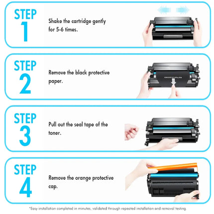 CF226A toner install in 4 steps: shake, remove paper, pull seal, remove cap