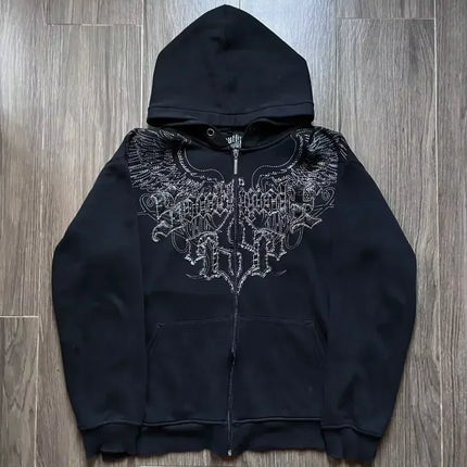 Harajuku Black Hoodie Fashion Street Gothic Skull Oversize Zipper Hoodie Men Women Hip Hop Casual Sweatshirt Personality Hoodie