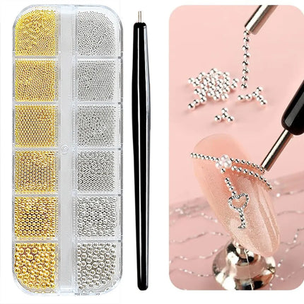 12Grid Gold/Silver Mini Caviar Beads Nail Art Decorations Metal Micro Balls Nail Charm with Magnetic Pen 3D Mini Caviar Nail Gem