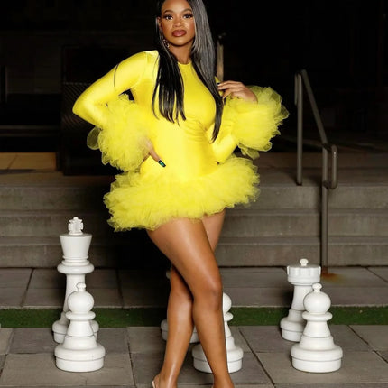 Bright Yellow High Stretchy Satin Women Short Dresses With Ruffles Trimmed Details African Women Mini Maxi Dress To Party