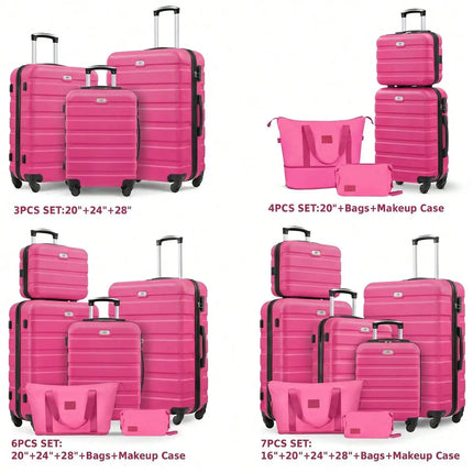 Large Capacity ABS Hardside Luggage Set, 16/20/24/28 Inch Spinner Suitcases + 2 Travel Bags + 1 Cosmetic Case, 7-Piece Set For Holiday Travel