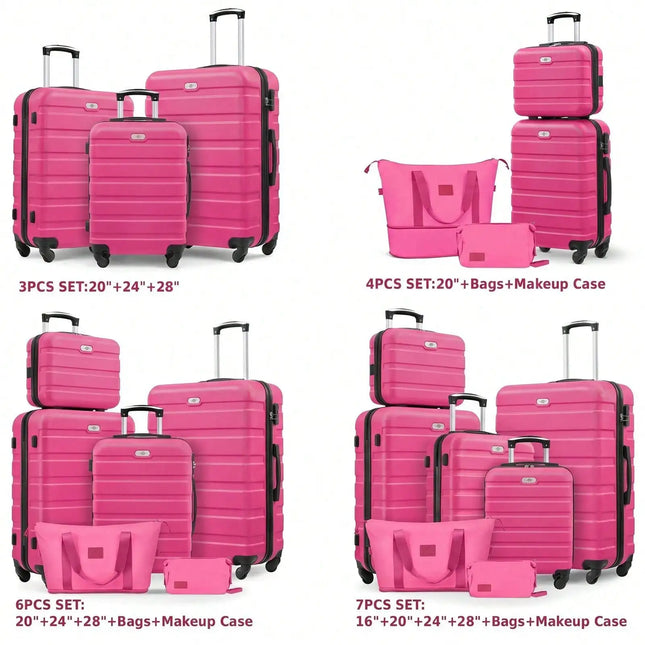 Large Capacity ABS Hardside Luggage Set, 16/20/24/28 Inch Spinner Suitcases + 2 Travel Bags + 1 Cosmetic Case, 7-Piece Set For Holiday Travel