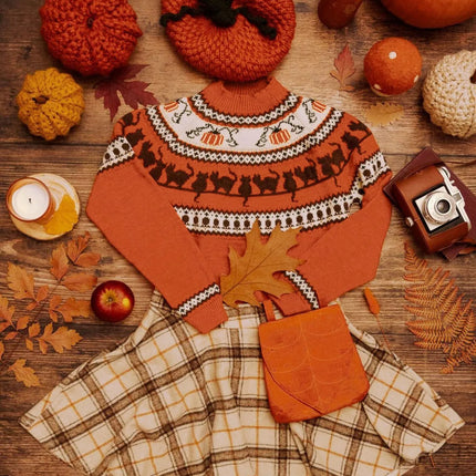 Women's Halloween Cat Pumpkin Pattern Turtleneck Knit Sweater Orange Casual Long Sleeve Pullover for Fall
