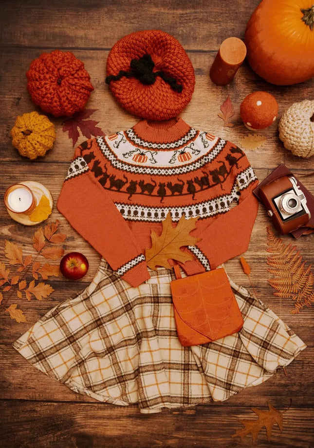 Damen Halloween Katze Kürbis Muster Rollkragen Strickpullover Orange Lässiger Langarm Pullover für den Herbst