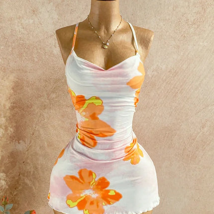 Women Halter Cowl Neck Floral Print Side Ruched Ruffle Hem Mini Dress 2026 Summer Tropical Beach Y2K Going Out Party Bodycon Dre