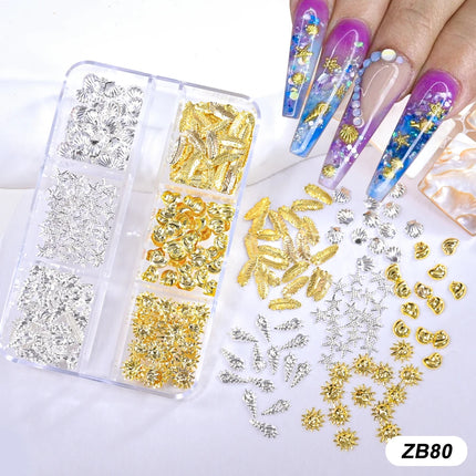6 Grids Metal Summer Ocean Nail Art Charms 3D Shell Starfish Seahorse Caviar Beads Alloy Nail Jewelry Mixed Manicure Studs Decor