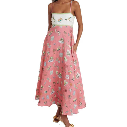2026 new women's clothing sweet, fresh and fashionable printed super pendulum suspender dress