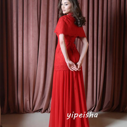 Customized Exquisite Classic Jersey Pleat Lace A-line High Collar Long Dresses Evening Dresses for Woman Sizes Available