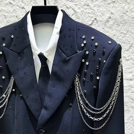 PFHQ Metal Chain Diamond Men Suit Jacket High Street Fashion Performance Handsome Male Blazer 2026 Summer New Trend 21P3896