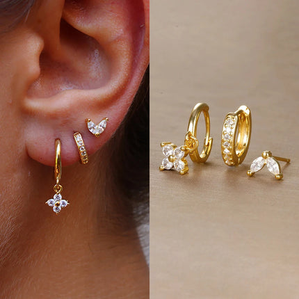 3PCS Trendy Stainless Steel Flower Drop Earring Set For Women Crystal Zirconia Dangle Earring Hypoallerg Piercing Jewelry aretes