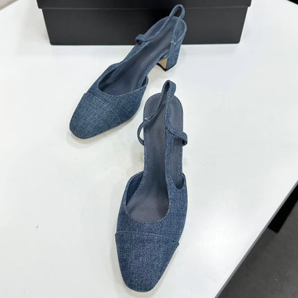 2026 Women's Leather & Denim Two-Tone Cap-Toe Slingback Pumps, Retro Office Evening Shoes YYT26041916