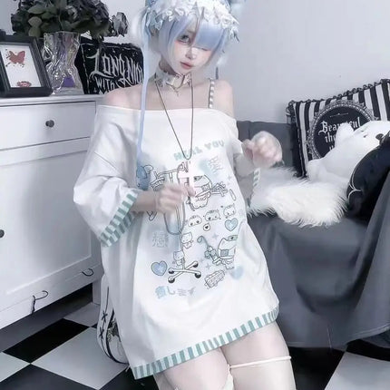 Japanese Harajuku Sweet Graphic T Shirts Women Cat Print Summer Off shoulder Top Short-sleeve Oversize Tees Loose Casual T shirt