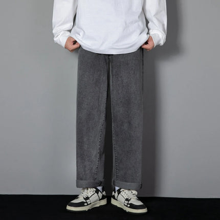 Korean Solid Colors Men's Casual Long Jeans Classic Man Four Seasons Straight Denim Wide-leg Pants Light Blue Grey Black 3XL