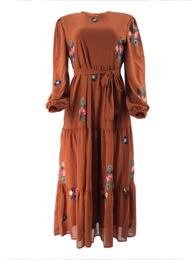 Eid Muslimische Abayas für Damen Kleid Blumenstickerei Langarm Dubai Langes Gewand Partykleid Vestidos Abaya Herbst Vestidos 2024