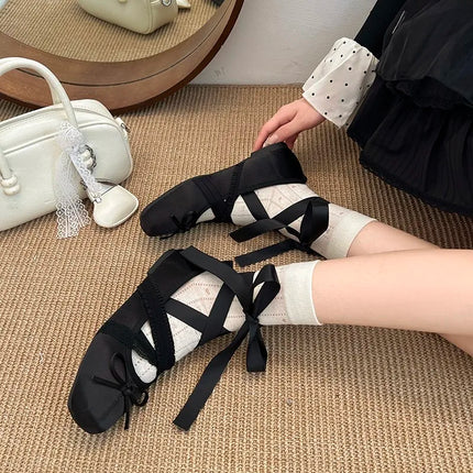 Spring/Fall New Mary Jane Flats - Ballet-Inspired Square-Toe Lace-up Flat Shoes with Elastic Strap, Vintage Satin Face Women 846