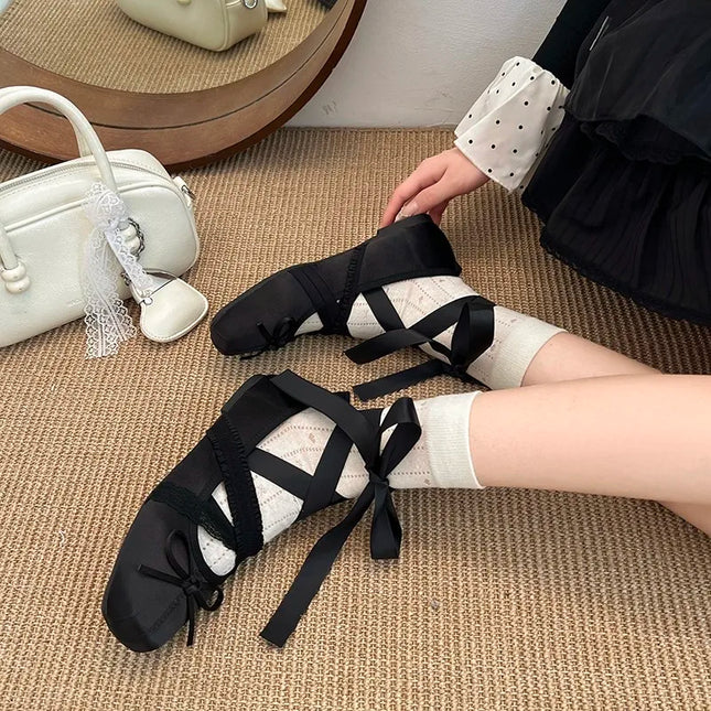 Spring/Fall New Mary Jane Flats - Ballet-Inspired Square-Toe Lace-up Flat Shoes with Elastic Strap, Vintage Satin Face Women 846