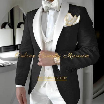 Classy Men's White Jacquard Suit 3pcs Jacket Vest Pants Set Shawl Lapel Elegant Attire for Wedding Cocktail Business Ball Party
