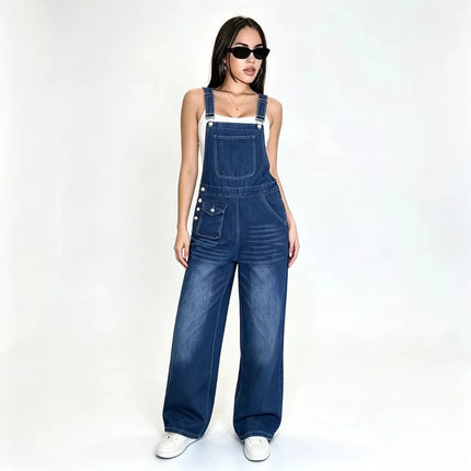 Womens Wide Leg Denim Overalls Loose Washed Straight Cargo Overalls Adjustable Straps Multi Pocket Jeans